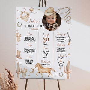EDITABLE First Rodeo Milestone Sign, Cowboy 1st Birthday Photo Milestone Poster, Wild West First Birthday Board, Printable Template. R011