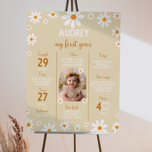 Enseigne modifiable pour le premier anniversaire de Daisy, panneau d'étape Boho un an, enseigne d'étape importante pour la fête d'anniversaire de Daisy, modèle imprimable. D012