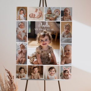 Collage de fotos del primer año, impresión mensual de fotos, foto moderna para el primer cumpleaños, póster minimalista del primer año del bebé, plantilla imprimible. M004