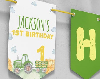 Editable Tractor Birthday Banner, Green Tractor Banner, Farm Tractor Birthday Decor, Boy 1st Birthday Party, Printable Template. #T003