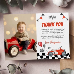 Tarjeta de agradecimiento por un cumpleaños rápido, tarjeta de recuerdo para fiesta de cumpleaños de coches de carreras, plantilla de tarjeta de agradecimiento de coches de carreras, descarga instantánea. F001