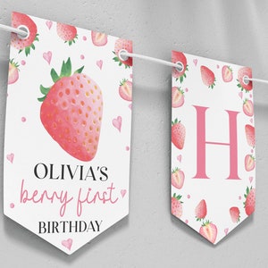 Editable Strawberry First Birthday Banner, Berry Sweet Happy Birthday Banner, Strawberry Birthday Party Decor, Instant Download. #S008