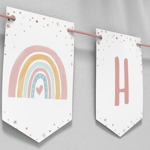 Edytowalny baner urodzinowy Boho Rainbow, niestandardowy baner urodzinowy Boho, tęczowa dekoracja na pierwsze urodziny, natychmiastowe pobranie. #R010