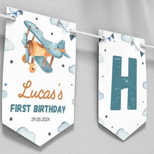 Bewerkbare vliegtuigbanner, verjaardagsbanner vliegtuig, decor vliegtuigfeest, Time Flies vliegtuig gelukkige verjaardagsbanner, direct downloaden. A001