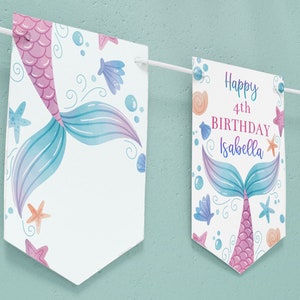 Editable Mermaid Banner, Mermaid Birthday Banner, Mermaid Party Decoration, Mermaid Tail, Under The Sea Birthday, Customizable Template M001