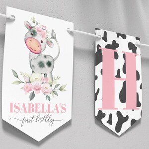 Editable Holy Cow I&#39;m One Birthday Banner, Moo Cow Birthday Banner, Girl 1st Birthday Decor, Farm Birthday Party, Printable Template. #C004