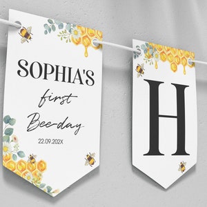 Editable First Bee Day Birthday Banner, Bee 1st Birthday Banner, One Happy Birthday Banner, Honey Bee Party Decor, Printable Template. B002