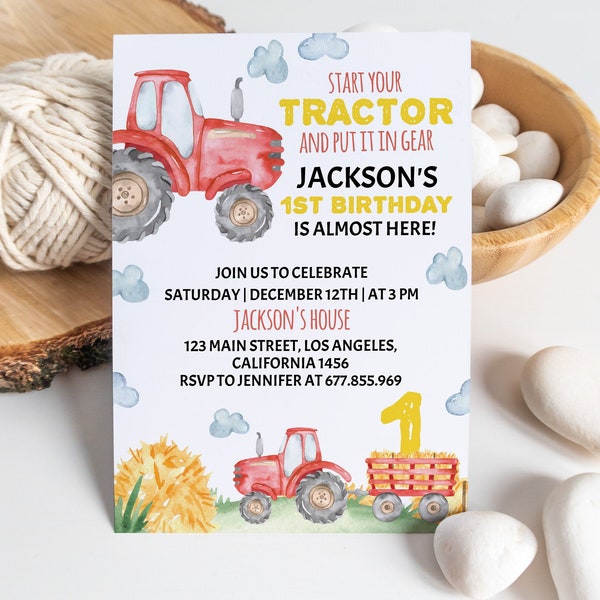 EDITABLE Tractor Birthday Invitation, Red Tractor Invitation, Boy 1st Birthday Invite, Farm Party Invitation, Printable Template. #T003