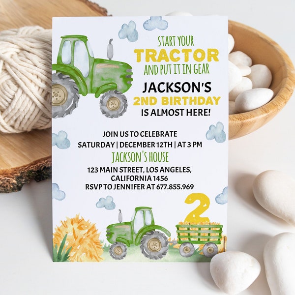 EDITABLE Tractor Birthday Invitation, Green Tractor Invitation, Boy 2nd Birthday Invite, Farm Birthday Invitation, Printable Template. #T003