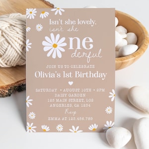 Editable Daisy Birthday Party Invitation, Daisy 1st Birthday Invitation, Isn't She Lovely Isn't She Onederful Invite, Instant Download. D003