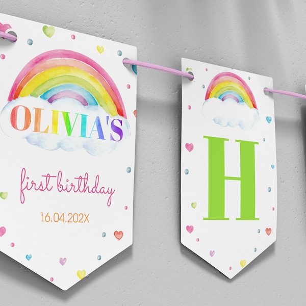 Editable Rainbow Birthday Banner, Colorful Rainbow Happy Birthday Banner, Pastel Rainbow Birthday Party Decor, Instant Download. #R006