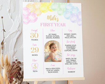 EDITABLE Pastel Rainbow First Birthday Milestone Sign, Pastel 1st Birthday Milestone Poster, Girl 1st Birthday Board, Printable. P010