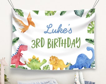 Toile de fond d’anniversaire de dinosaure modifiable, bannière de fête Boy Dino, panneau de bienvenue d’anniversaire Three Rex, modèle imprimable, téléchargement instantané. D006