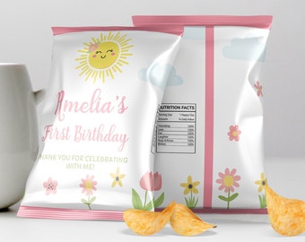 EDITABLE Sunshine Birthday Chip Bag, Little Sunshine Birthday Treat Bag, First Trip Around The Sun Party Favor, Printable Template. #S006