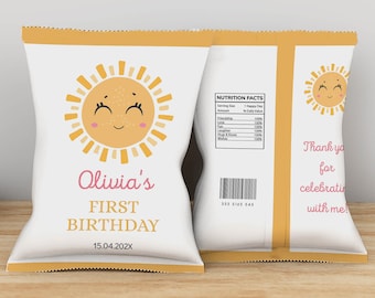 EDITABLE First Trip Around The Sun Birthday Chip Bag, Sunshine Birthday Treat Bag, Girl First Birthday Favors, Instant Download. S018