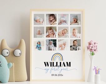 Editable First Year Photo Collage, 12 Month Photo Print, First Birthday Photo Frame, Rainbow First Year Poster, Customizable Template. #R004