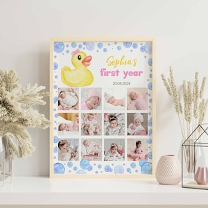 Collage photo modifiable de première année, poster de première année de canard en caoutchouc, impression de photo de 12 mois, cadre photo de premier anniversaire, imprimable. D008