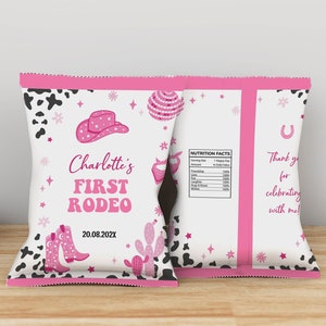EDITIERBARE Disco Cowgirl Geburtstag Chip Taschen, Cowgirl Snack Taschen zum ersten Geburtstag, Cowgirl Thema Geburtstag Gastgeschenke, druckbare Vorlage. C012