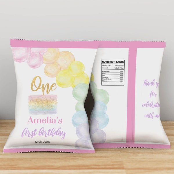 Pastel Rainbow Birthday Chip Bags, Pastel 1st Birthday Snack Bags, Pastel Custom Chip Bags, Printable & Editable Chip Bag Labels. P010