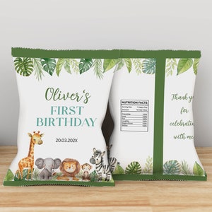 EDITABLE Safari Birthday Chip Bag, Safari Party Favors, Jungle 1st Birthday Chip Bag, Wild One Party Favors, Printable Template A008