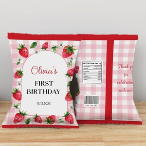 EDITABLE Strawberry Birthday Party Chip Bag, Berry Sweet Birthday Treat Bag, Strawberry 1st Birthday Party Favor, Printable Template. B014