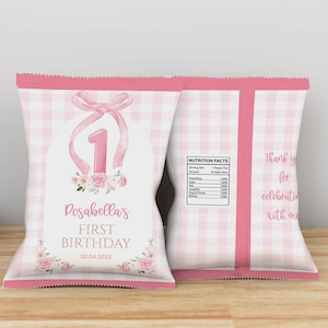 EDITIERBARE Rosa Schleife Geburtstags-Chip-Tasche, Mädchen 1. Geburtstag Gastgeschenke, Blush Pink Party Geburtstagsgeschenke, druckbare Vorlage. P014