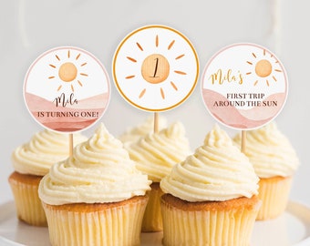 Editable Sunshine Cupcake Topper, First Trip Around The Sun Cake Topper, Boho Sunshine 1st Birthday Party Decor, Printable Template. #S005