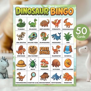 Gioco del Bingo dei Dinosauri / Divertente Gioco di Festa sui Dinosauri per Bambini / Schede del Bingo per il Compleanno dei Dinosauri, Attività Stampabile per il Compleanno del T-rex, Download Istantaneo