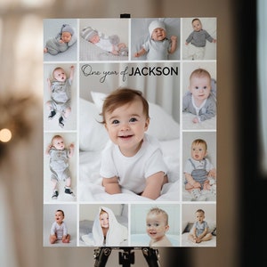 Collage de fotos del primer año, impresión mensual de fotos, foto moderna para el primer cumpleaños, póster minimalista del primer año del bebé, plantilla imprimible. M013