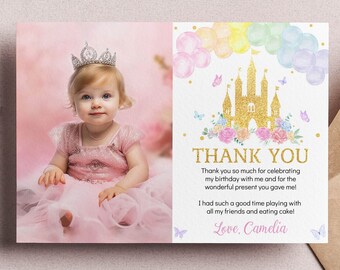 EDITABLE Princess Birthday Party Thank You Card, Little Princess First Birthday Photo Thank You, Royal Birthday Thank You, Printable. P001