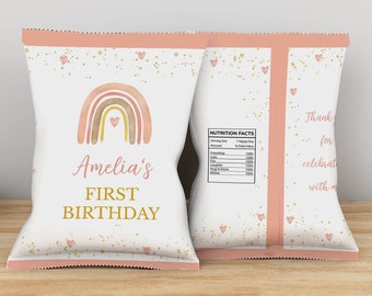 EDITIERBARE Boho Geburtstag Chip Wrap, Boho Regenbogen Geburtstag Chip Wrap, Mädchen Geburtstag Party Favor, Instant Download. M009