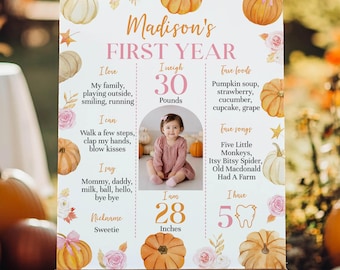 EDITABLE Little Pumpkin First Birthday Milestone Photo Board, Girl 1st Birthday Sign, Pink Bow Birthday Milestone Poster, Printable. P018