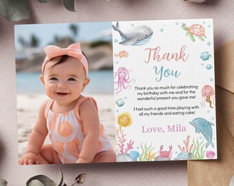 EDITIERBAR Unter dem Meer Geburtstag Dankeskarte, Ocean Geburtstag Bild Dankeskarte, Ocean Animals Geburtstagsgeschenk Karte, Printable. O007