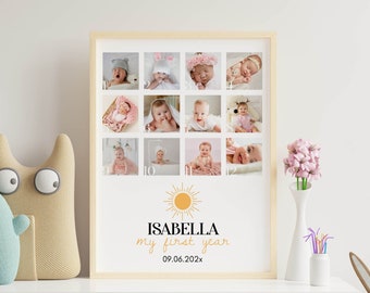 Editable First Year Photo Collage, 12 Month Photo Print, Sunshine First Birthday Photo Frame, First Year Poster, Customizable Template. S005