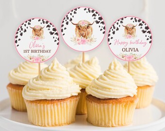 Vache modifiable Cupcake Topper, Highland Cow anniversaire Cupcake Topper, Holy Cow I'm One Party Decor, téléchargement immédiat, modèle imprimable. C007