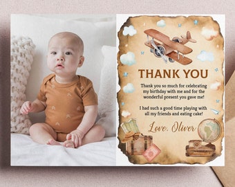 EDITABLE Airplane Thank You Card, Vintage Airplane Birthday Picture Thank You Card, Time Flies Birthday Favor Card, Instant Download. A005