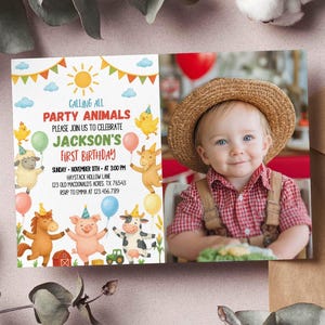 Editable Farm Party Animals Birthday Invitation, Any Age Farm Birthday Invitation, Barnyard Birthday Photo Invite, Printable Template. A014
