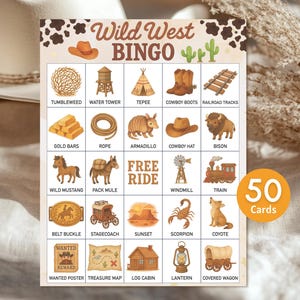 Jeu de bingo du Far West à imprimer | Jeu Western Cowboy Party | Anniversaire d'enfants, salle de classe, rodéo, activité amusante en famille, téléchargement immédiat.