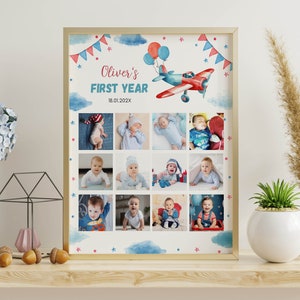 Collage de photos vintage modifiable pour la première année d'avion, affiche d'étape importante pour le 1er anniversaire de l'avion, signe d'anniversaire le temps passe vite, téléchargement immédiat. A007