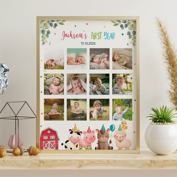 Editable First Year Photo Collage, 12 Month Photo Print, First Birthday Photo Frame, Farm Animals First Year Poster, Printable. F010