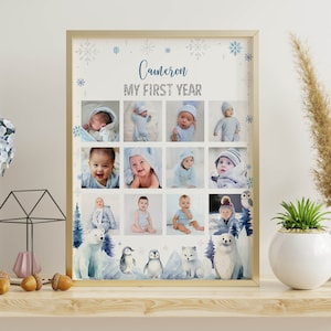 Bearbeitbare Winter Onederland 1st Jahr Fotocollage, Woodland Geburtstag 12 Monate Collage, Winter 1st Geburtstag Meilenstein, Instant Download. W016