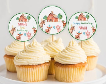 EDITABLE Farm Animals Cupcake Toppers, Barnyard Birthday Decoration, Farm Boy 1st Birthday Party Decor, Printable Template. F014