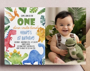 Editable Dinosaur First Birthday Invitation, Dinosaur 1st Birthday Invitation, Dinosaur Invitation, Dino Photo Invite, Instant Download D006