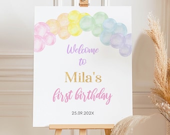 EDITIERBARE Pastell Regenbogen Willkommensschild, Regenbogen Geburtstagsschild, Pastell Regenbogen Partydekoration, 1. Geburtstag Mädchen, printable Vorlage P010