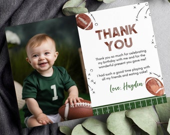 EDITABLE Football Birthday Thank You Card, Sports Party Photo Thank You Card, Boy 1st Birthday Favor Card, Instant Download. F016