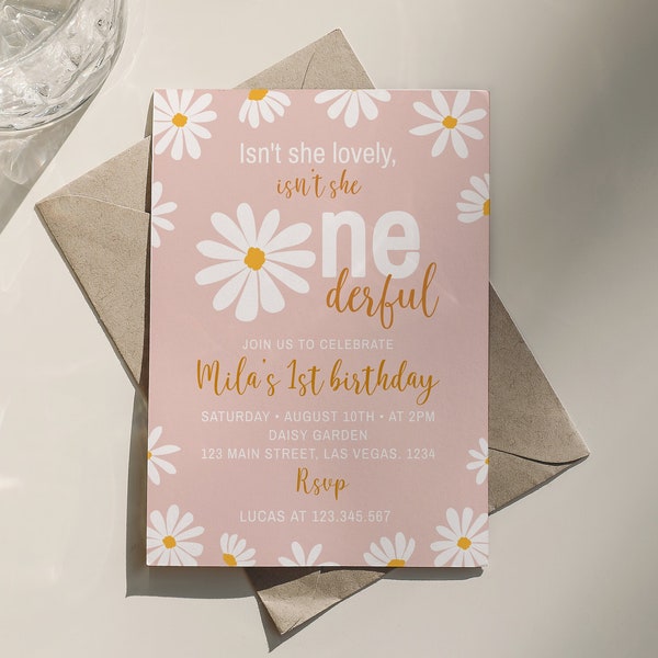 Editable Daisy Birthday Party Invitation, Daisy 1st Birthday Invitation, Isn't She Lovely Isn't She Onederful Invite, Instant Download. D003