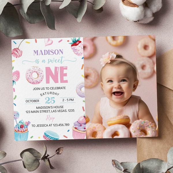 Editable Sweet One First Birthday Invitation, Donut 1st Birthday Invitation, Girl Birthday Party Photo Invite, Instant Download. S017