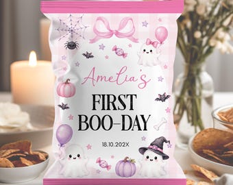 Sachet à chips personnalisable « Spooky One » | Sachet de friandises pour le premier anniversaire d'Halloween | Cadeau pour une fête d'anniversaire « Petit Boo » | Téléchargement instantané | HA05