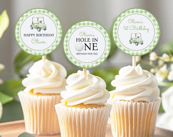 Editable Hole in One Cupcake Toppers | Golf First Birthday Cupcake Toppers | Let’s Par-Tee Party Circles | Instant Download | G009
