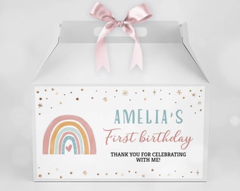 EDITABLE Boho Rainbow Gable Gift Box Label, Rainbow 1st Birthday Favor Box Gable Label, Modern Rainbow Party Decor, Printable Template. R010